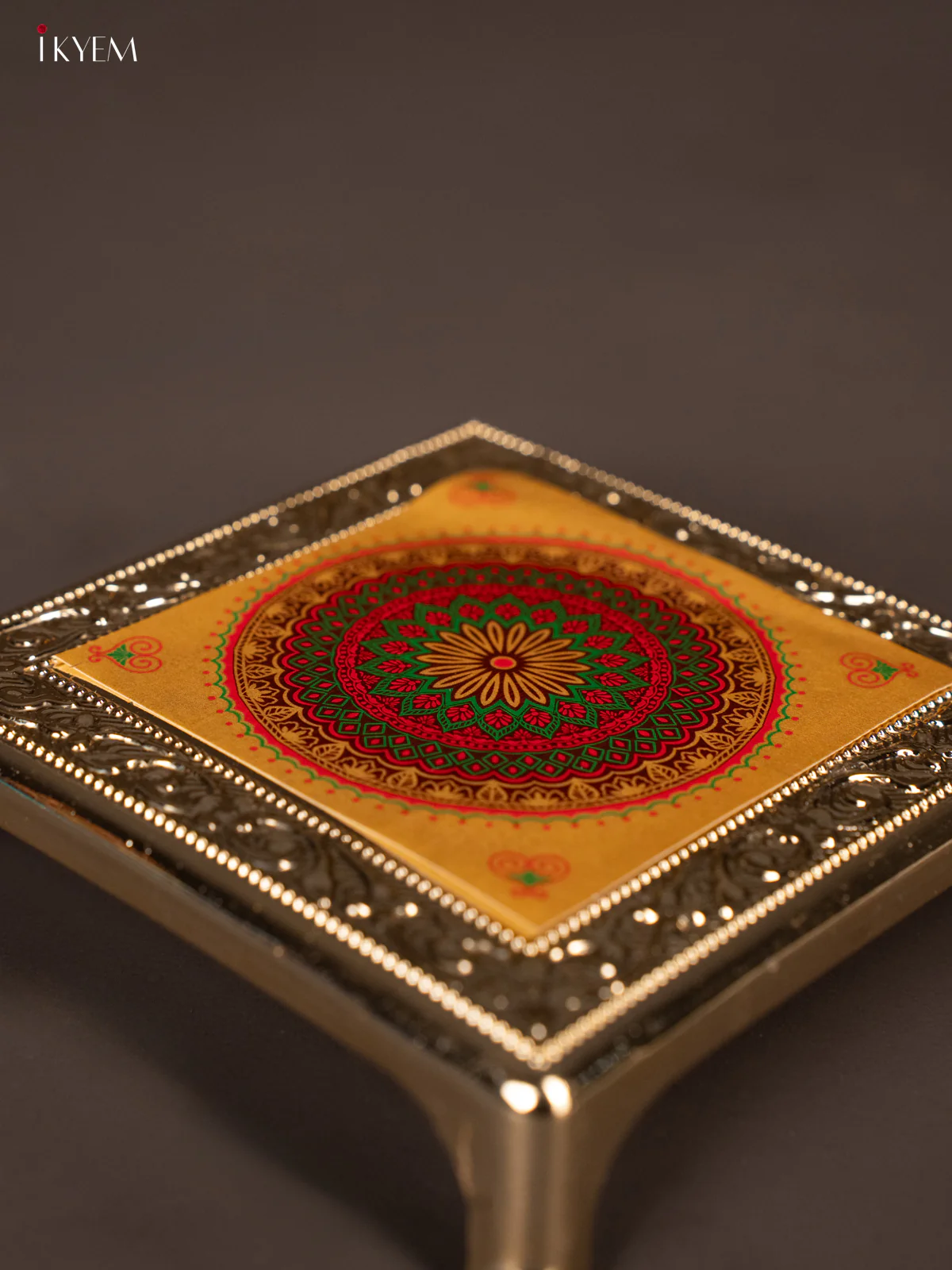 Grand yellow with Green Plastic manai With Rangoli Design - KG25222 - Image 3