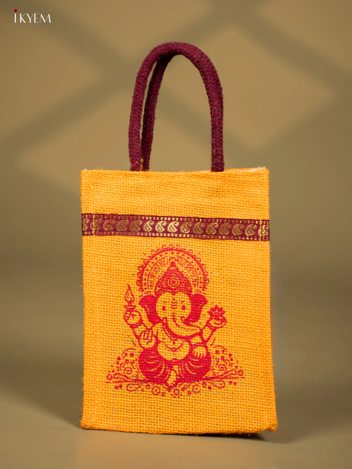 Divine Yellow Jute Bags With Ganapathy Print - 8 Inch - KG08125