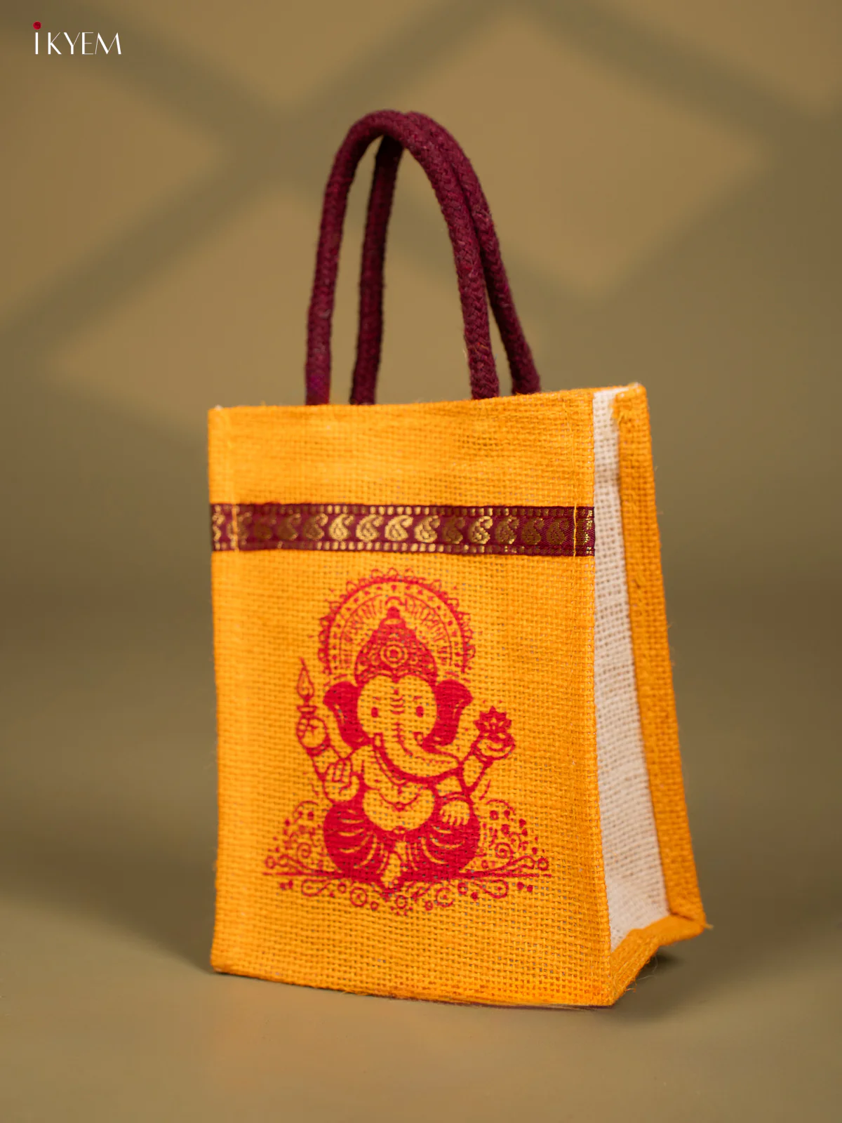 Divine Yellow Jute Bags With Ganapathy Print - 8 Inch - KG08125 - Image 2