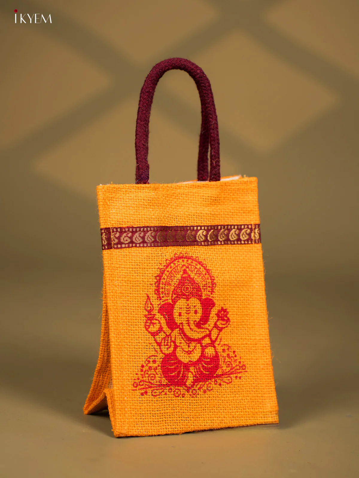 Divine Yellow Jute Bags With Ganapathy Print - 8 Inch - KG08125 - Image 3