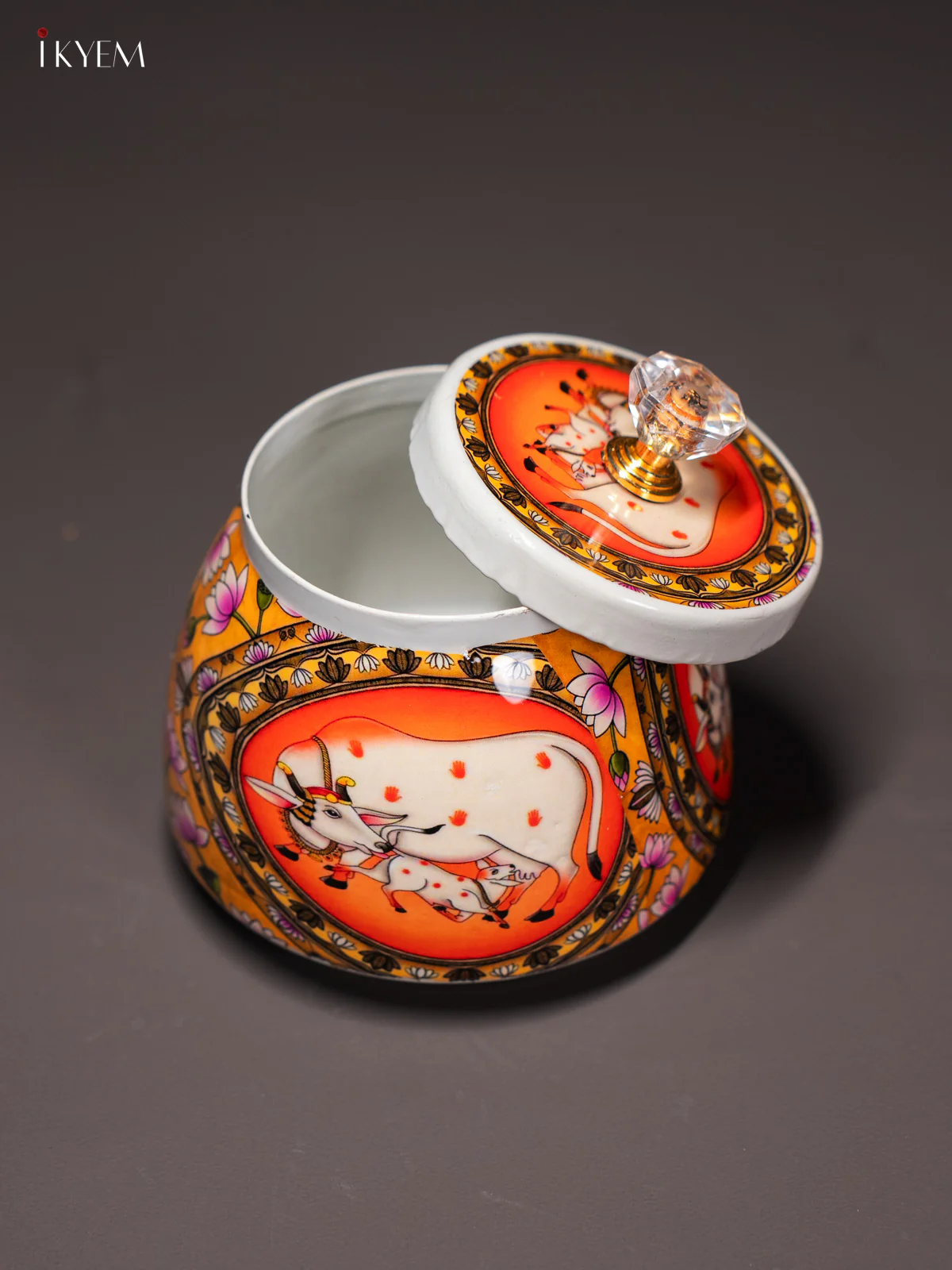 Pichwai Cow Printed Yellow & Orange Dry Fruit Jar with Lid - KI15115 - Image 3