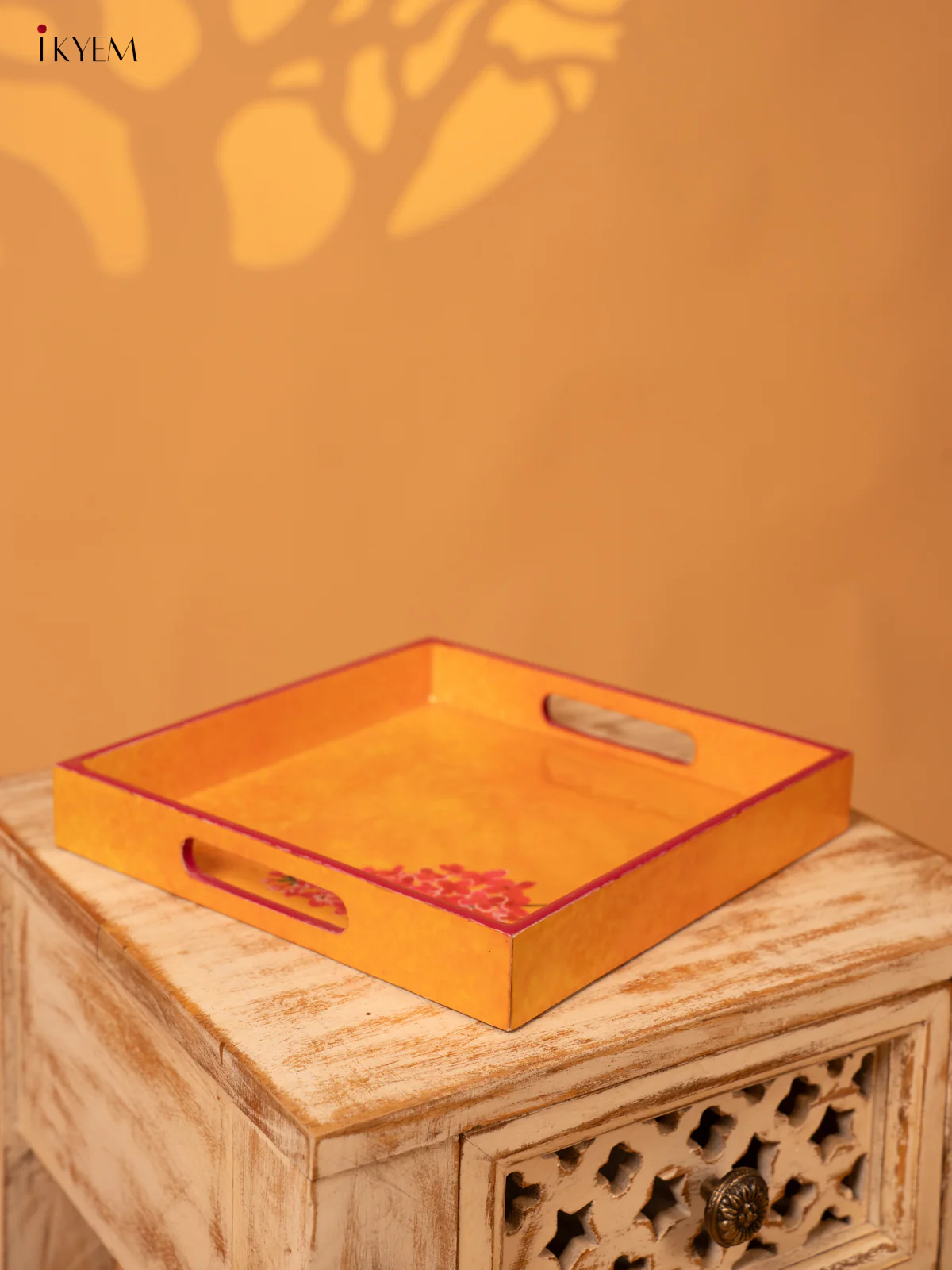 Yellow Floral Printed Square Wooden Tray (10x10) - KL03116 - Image 2