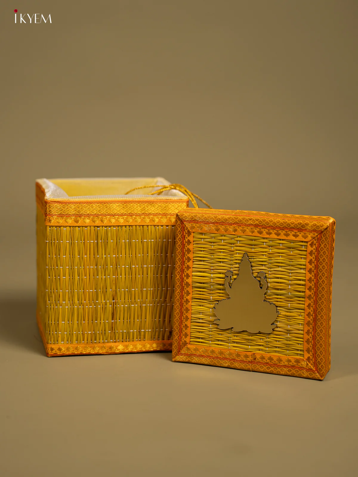 Yellow Korai Gift Box with Net Potli & Lakshmi Motif - KF25163