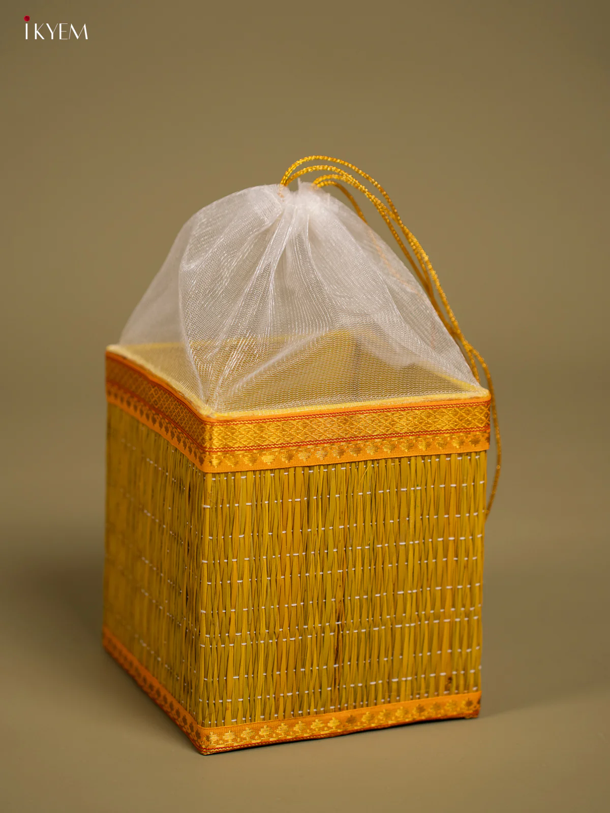Yellow Korai Gift Box with Net Potli & Lakshmi Motif - KF25163 - Image 2