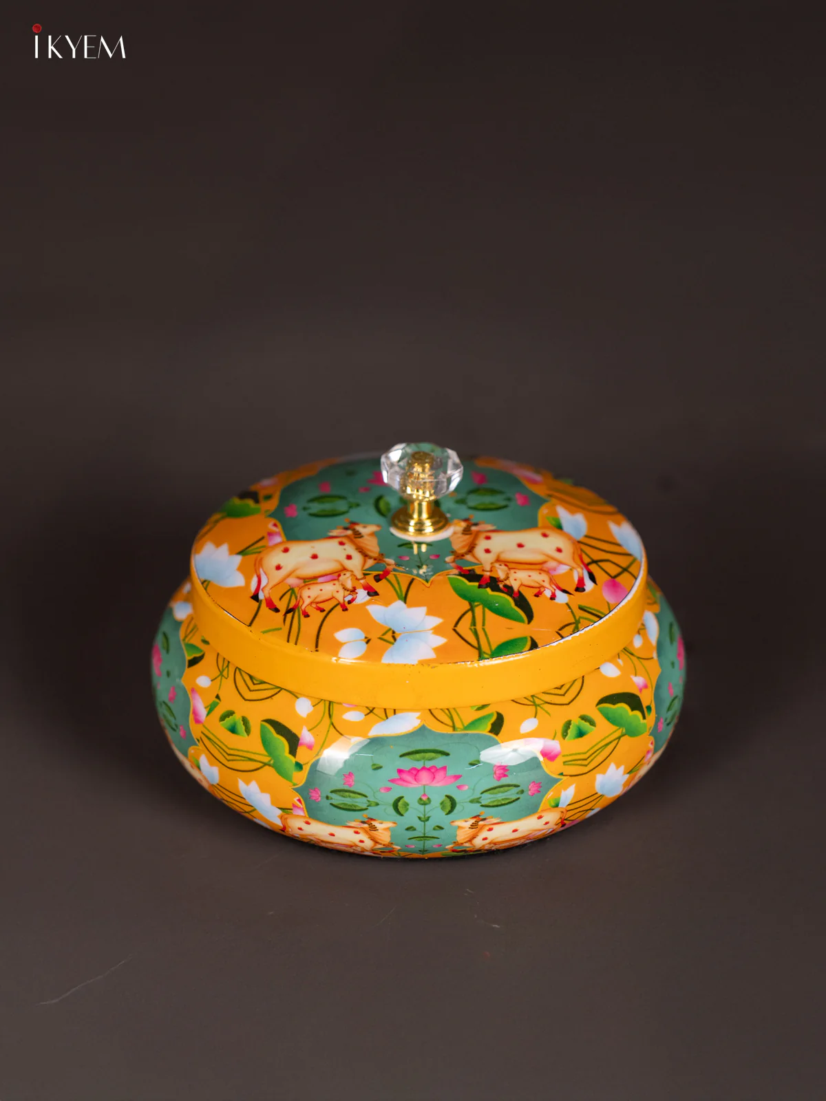 Vibrant Pichwai Cow & Calf Printed Yellow Dry Fruit Jar with Lid - KI21212