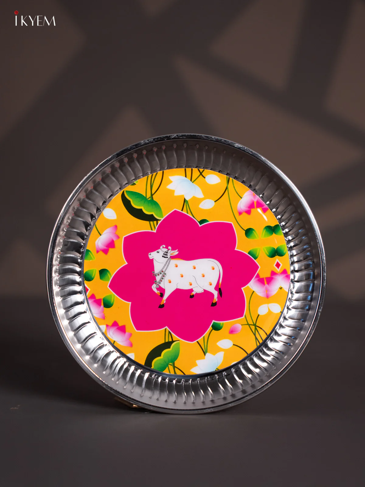 Graceful Pichwai Cow Printed Stainless Steel Plate (9x9 Inches) - KI26119