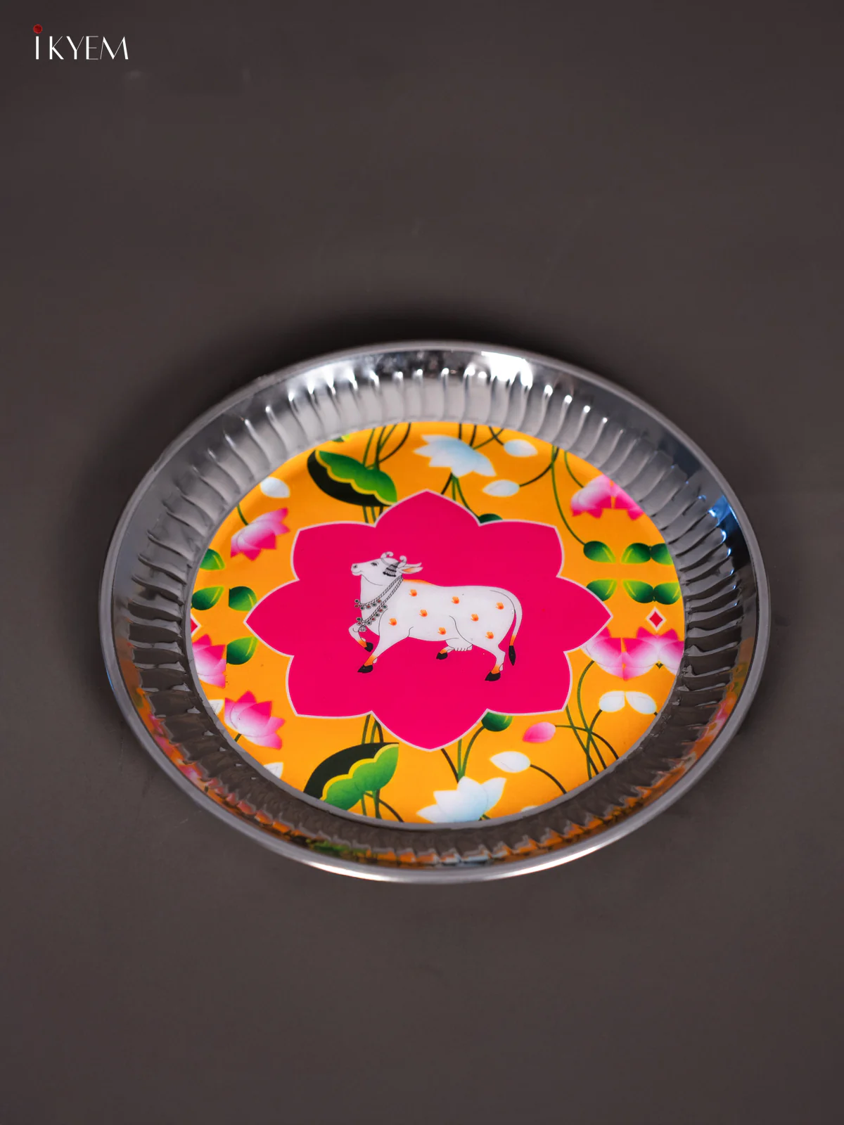 Graceful Pichwai Cow Printed Stainless Steel Plate (9x9 Inches) - KI26119 - Image 3