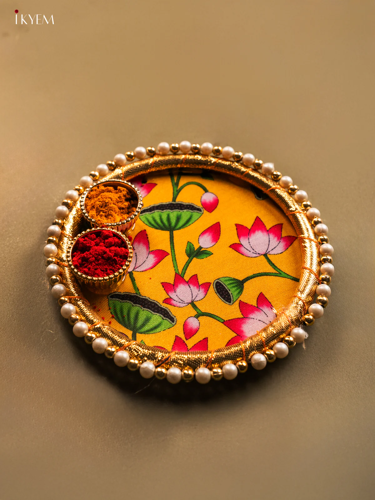 Yellow Pichwai Lotus Printed Plated With Haldi kumkum holder - KG31129