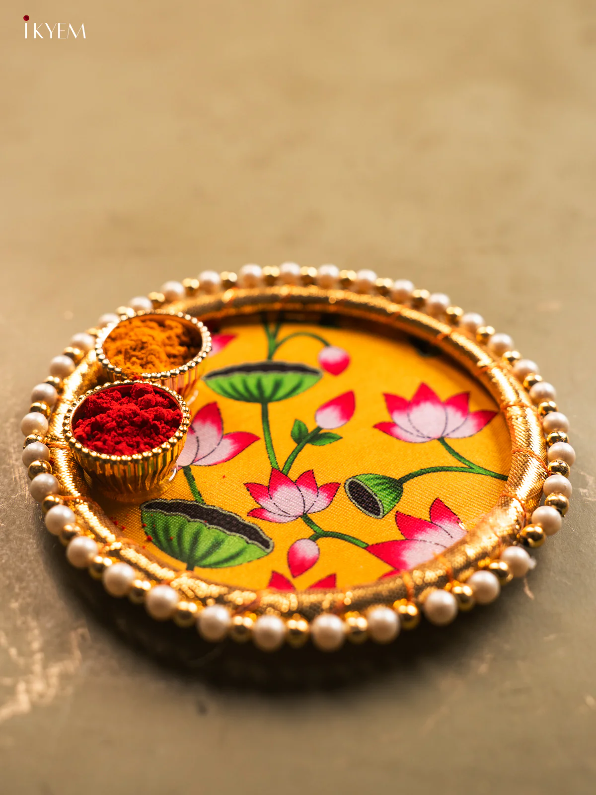 Yellow Pichwai Lotus Printed Plated With Haldi kumkum holder - KG31129 - Image 2