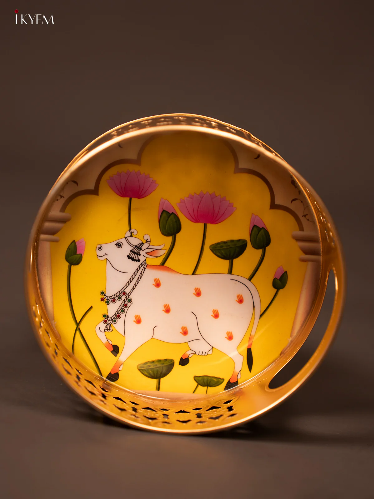 Yellow Pichwai Printed Metal Tray With Cow & Lotus Print - KF19127