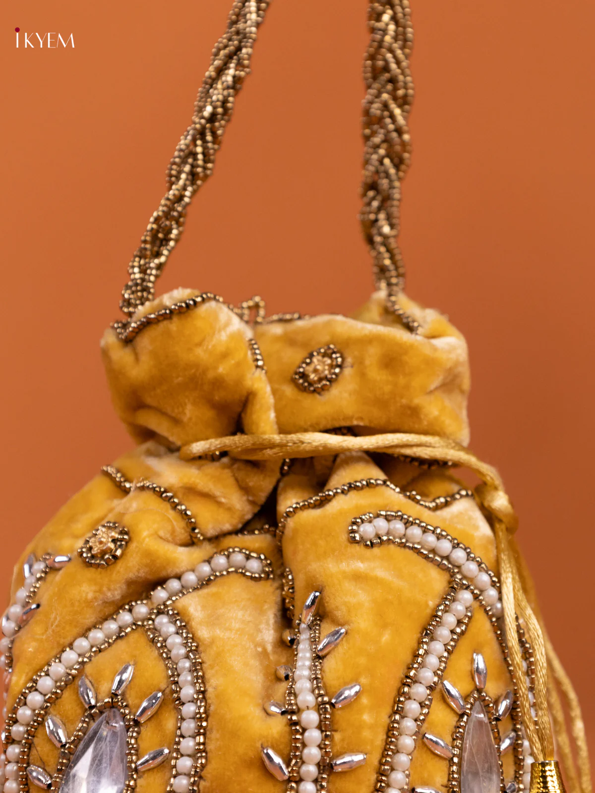 Yellow Potli Bag with Pearl & Bead Embroidery - KD26557 - Image 3