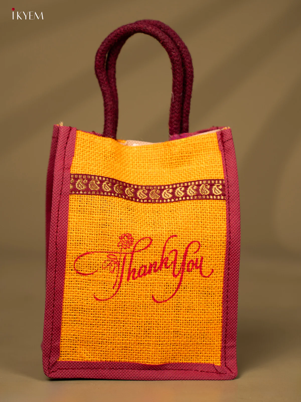 Yellow & Maroon Colour "Thank You" Printed Jute Bag  - KD04126