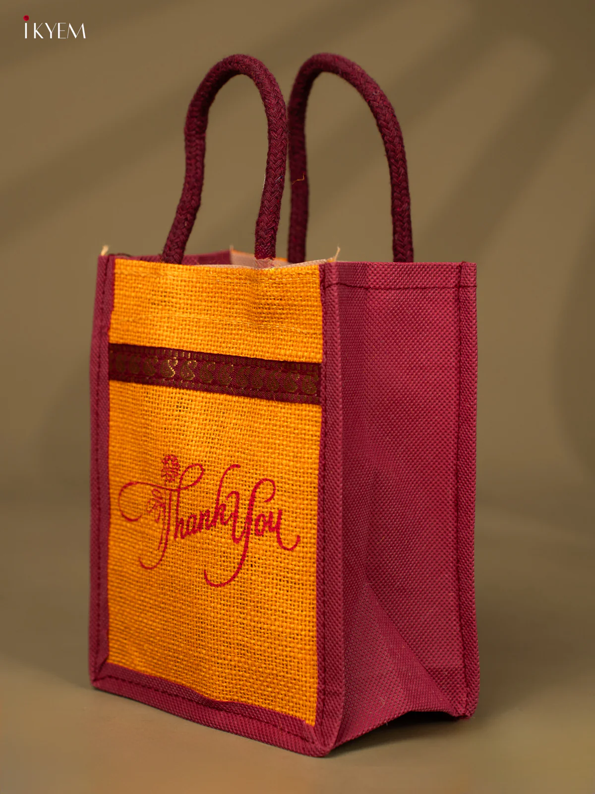 Yellow & Maroon Colour "Thank You" Printed Jute Bag  - KD04126 - Image 3